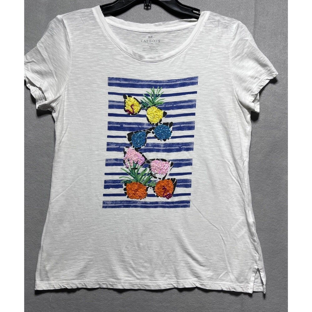 Talbots Petites SP White Graphic T-Shirt Sequin Tropical Fruit Blue Stripes
